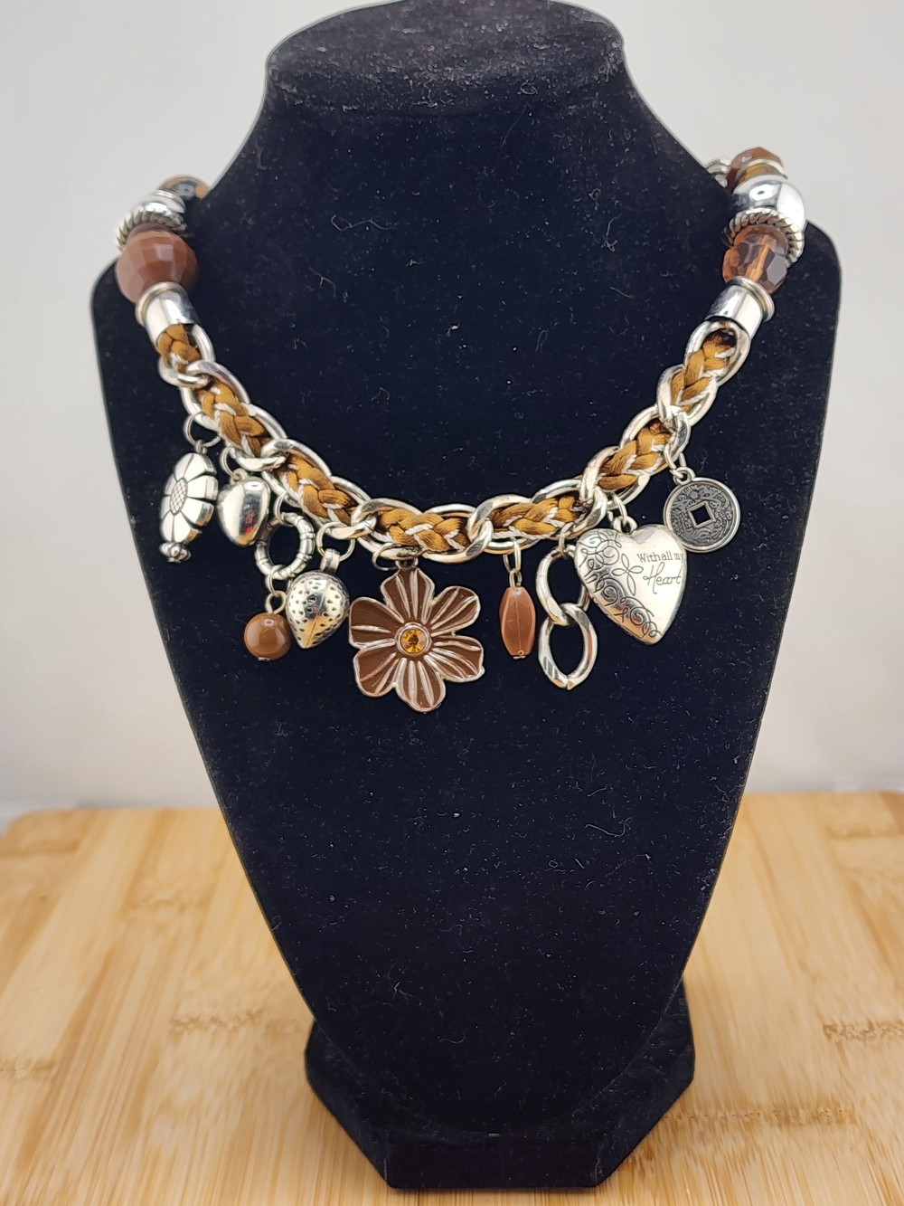 23in Adj Women’s Charm Necklace with Brown Flower and Silver Accents 0667